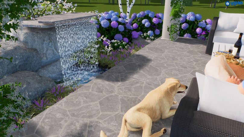 Beautiful stone patio w water feature and blue hydrangea plantings!